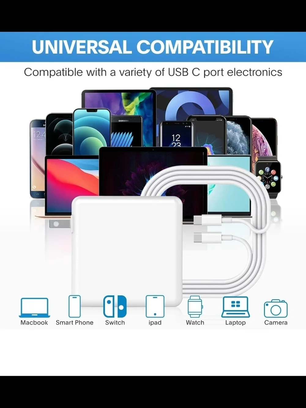 USB-C Wall Charger Adapter with USB-C to USB-C Cable - White